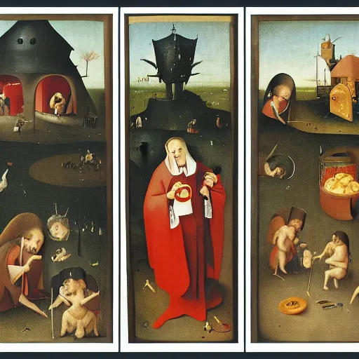 Image similar to McDonalds advertisement in the style of Hieronymus Bosch