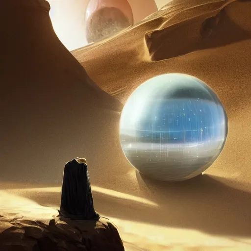 Prompt: : huge translucent orb in the desert, reflection from the crystal is sparkling due to sun, small tesla starship is near, futuristic hi-tech details, art by anthony macbain + greg rutkowski + alphonse mucha, concept art, 4k, sharp focus, cinematic render unreal engine