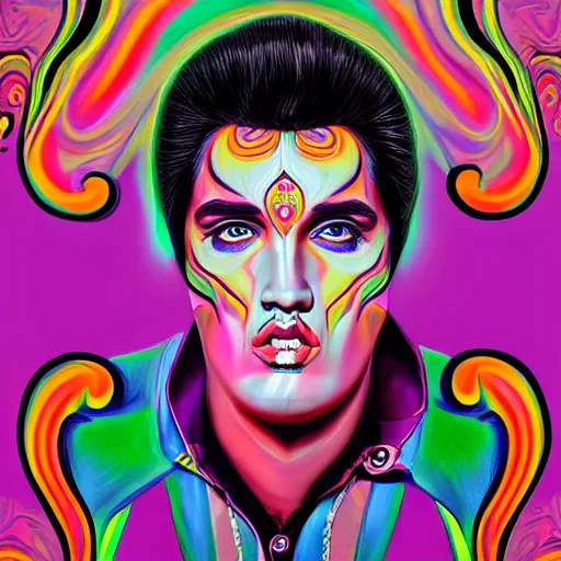 Image similar to an extremely psychedelic portrait of elvis, surreal, lsd, face, detailed, intricate, elegant, lithe, highly detailed, digital painting, artstation, concept art, smooth, sharp focus, illustration