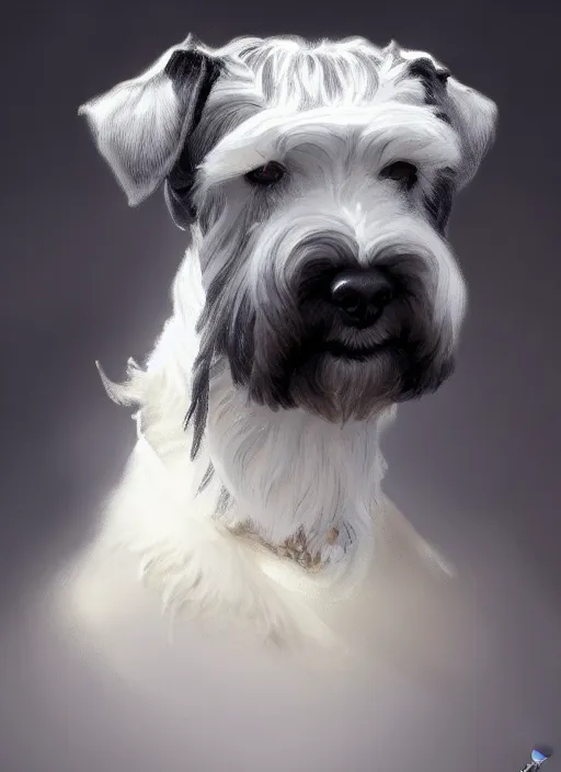 Prompt: portrait of stoic looking miniature schnauzer, black fir, white eyebrows, fantasy, intricate, elegant, highly detailed, digital painting, artstation, concept art, smooth, sharp focus, illustration, art by artgerm and greg rutkowski and alphonse mucha