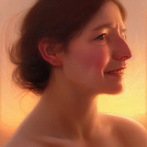 Image similar to Facial portrait of a cute shy woman, looking away from the camera, shy smile, mouth slightly open, lips slightly parted, long flowing hair, no hands visible, intricate, extremely detailed painting by Henry Justice Ford and by Greg Rutkowski and by Moebius, golden hour