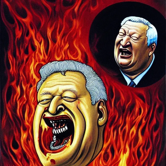 Image similar to boris yeltsin pours lead into the mouth of a sinner in hell, scary art in color