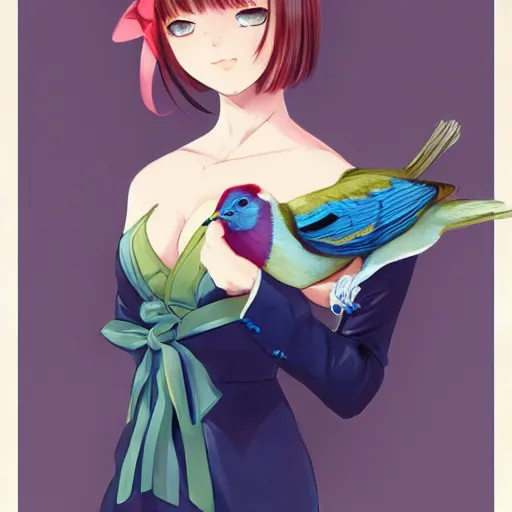 Image similar to colored pencil, anime art, beautiful full body female pinup girl, she is holding an indigo bunting bird, in her hand, the bird is wearing a bowtie, wlop, rossdraws sakimimichan, ilya kuvshinov, krenz cushart, greg rutkowski