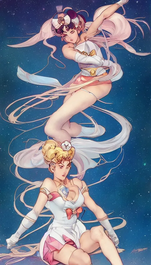 Prompt: sailor moon in a cute pinup pose by artgerm, greg rutkowski and alphonse mucha, concept art, matte, intricate, full body, epic composition