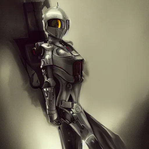 Image similar to 2D pencil drawing, retrofuturism, medieval female knight with cybernetic implants and modern devices, artstation, ambient, cgsociety