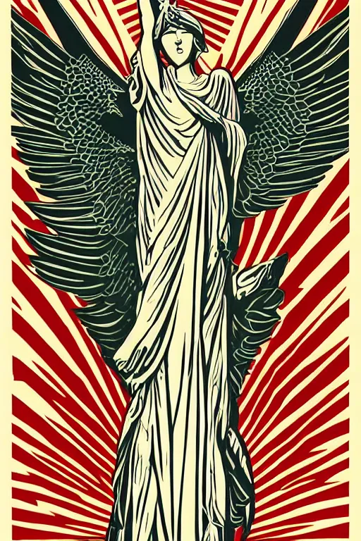 Prompt: Shepard Fairey poster of The Winged Victory of Samothrace, color, high resolution.