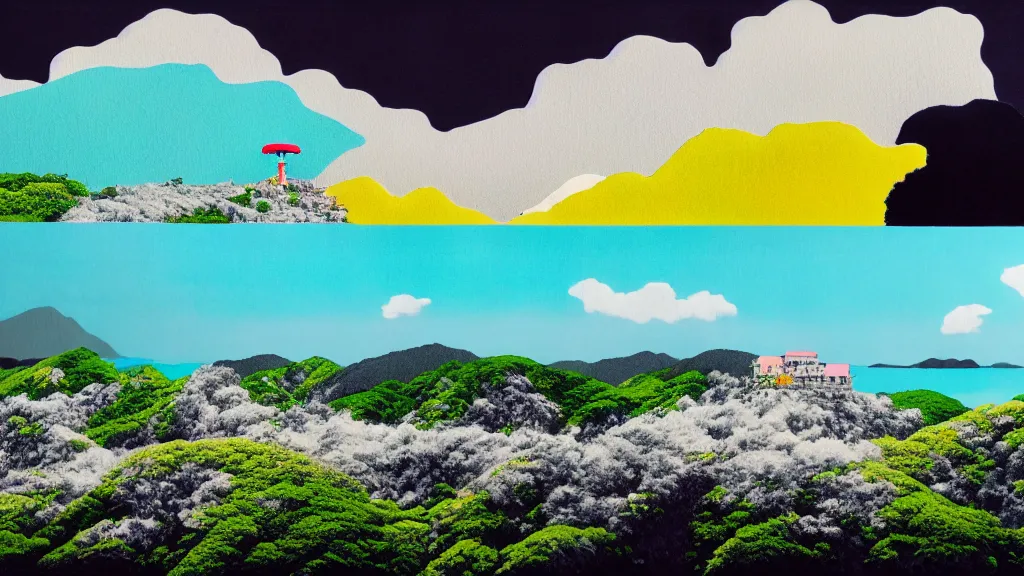 Prompt: dramatic landscape of okinawa prefecture, japan, a collage painting, in the style of wes anderson, lola dupre, david hockney, isolated on negative white space background dark monochrome neon fluorescent spraypaint accents volumetric octane render