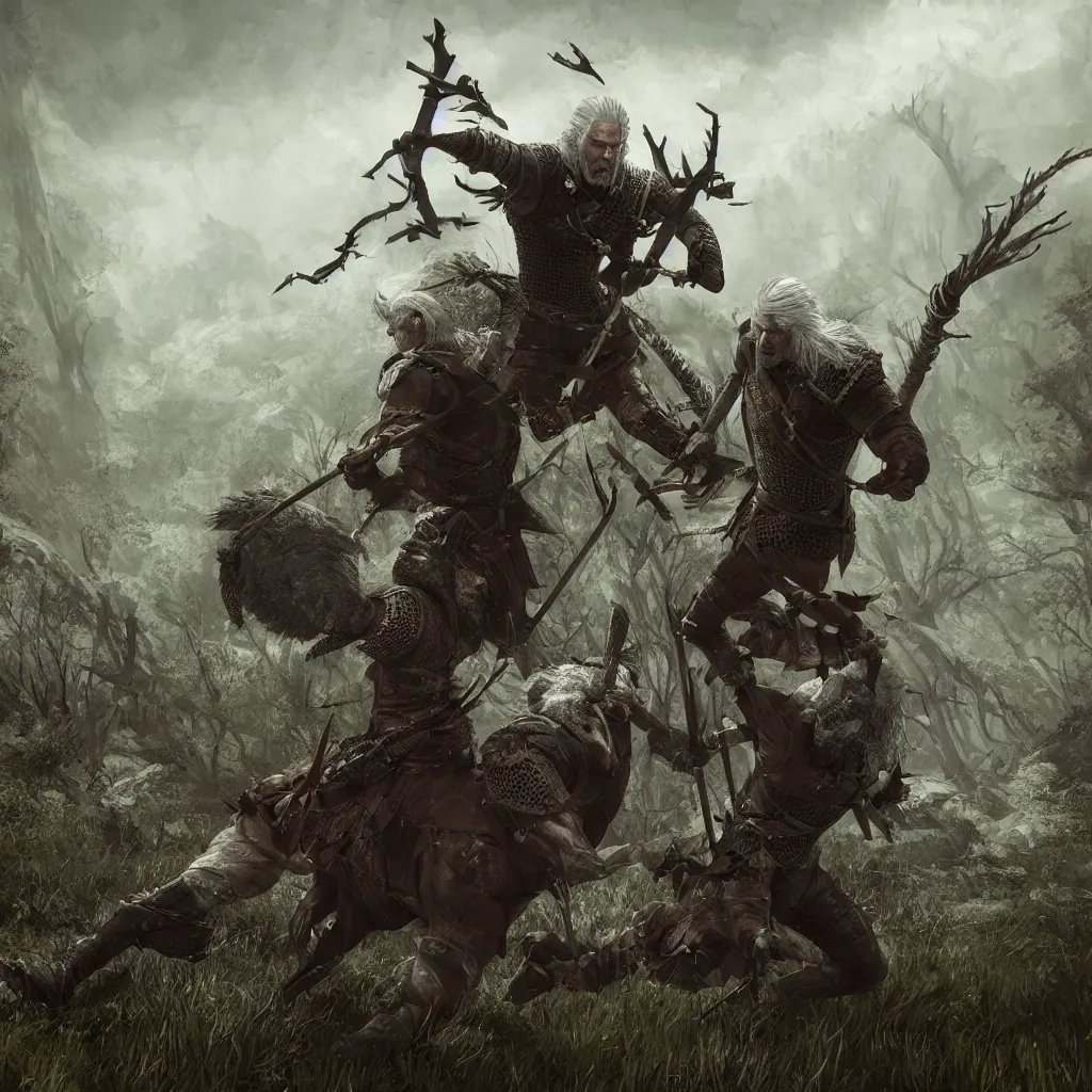 Prompt: geralt of rivia fighting a leshen, mesmerizing, inspired by the witcher 3 screenshot, fantastical, concept art, highly detailed, artstation, trending, bartlomiej gawel, feng zhu, shaddy safadi, noah bradley, tyler edlin, jordan grimmer, darek zabrocki, neil blevins, tuomas korpi