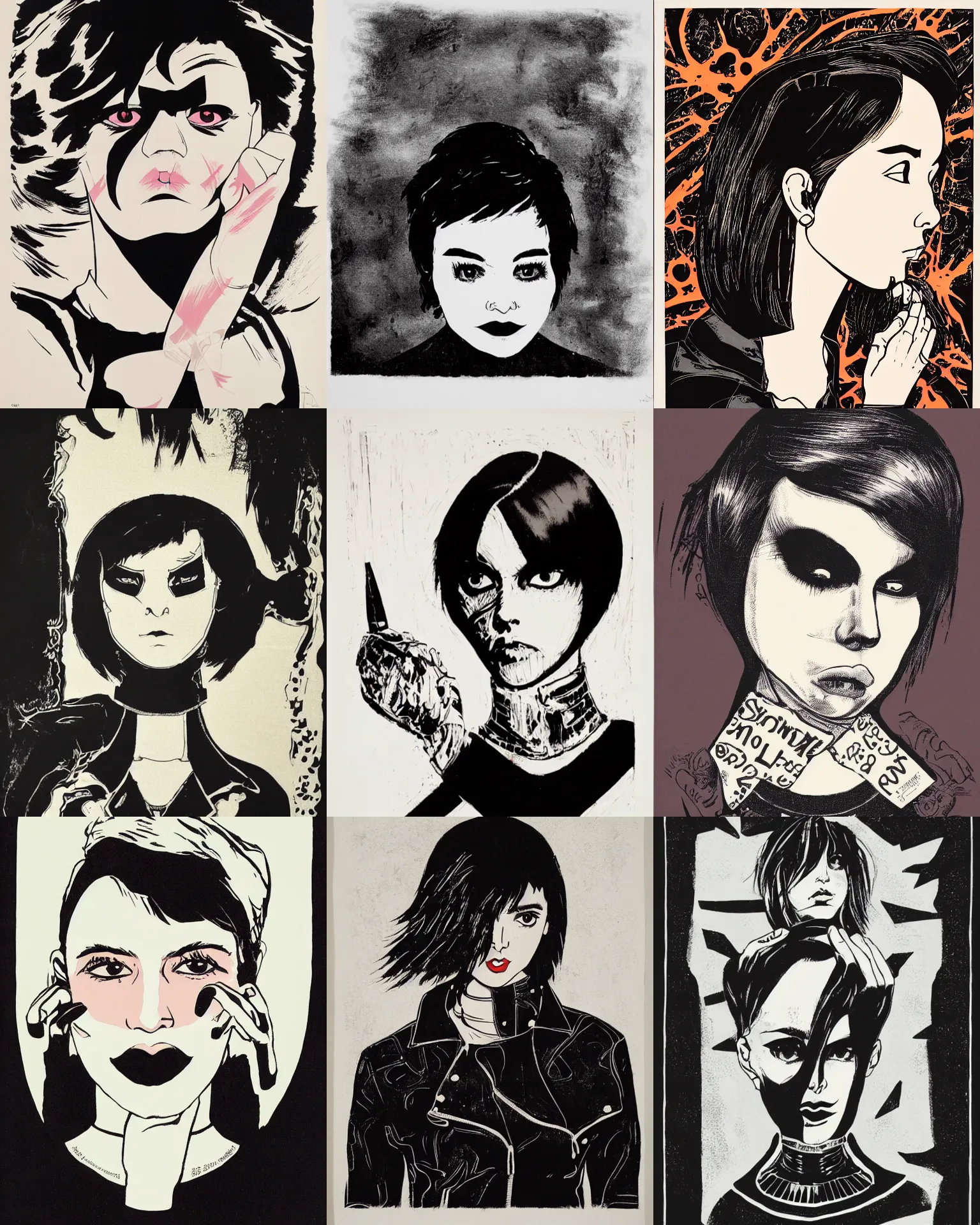 Prompt: A silkscreen print serigraph. Her hair is dark brown and cut into a short, messy pixie cut. She has a slightly rounded face, with a pointed chin, large evil eyes!!! with entirely-black sclerae!!!, and a small nose. She is wearing a black leather jacket, a black knee-length skirt, a black choker, and black leather boots.