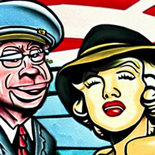 Image similar to beetle bailey hanging out with marilyn monroe in the style of hopper.