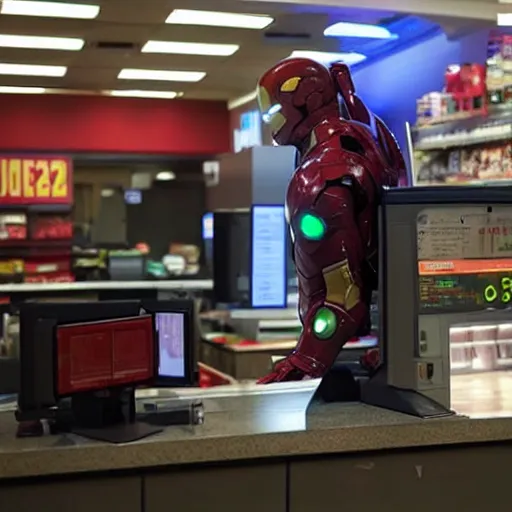 Image similar to Iron Man working as a 7/11 cashier using a red laser scanner, cash register, red laser scanner, wide wide shot, very detailed, beautiful lighting, smoke