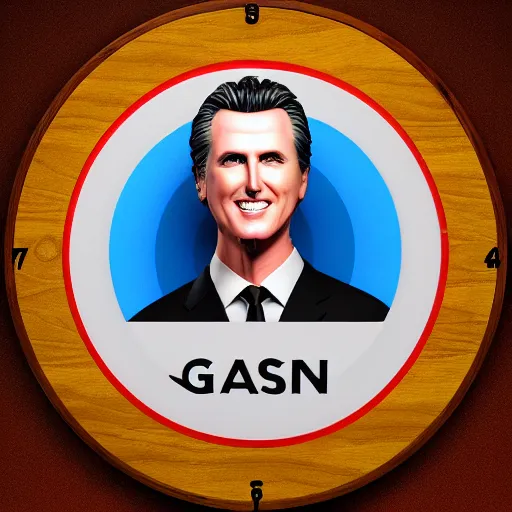 Prompt: Dartboard in the shape of Gavin Newsom's face, 3d render, digital art, artstation, hyper realistic, 8k