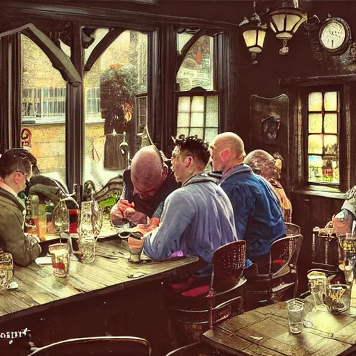 Prompt: dragwads, british dragons, ultraterrestrial dragons, english dragons drinking tea and gin at the local pub, subsurface scattering, soft colors, don't look out the front door no matter what you do, drawn by norman rockwell, thomas kinkade, greg rutkowski, artgerm,