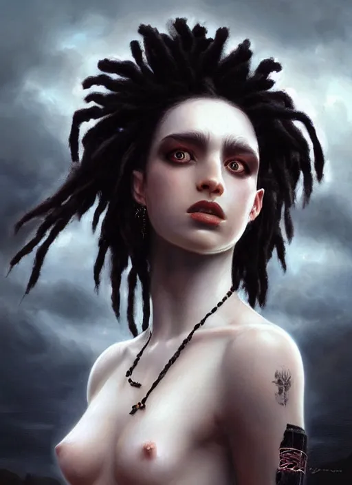 Image similar to girl with pale white skin and black dreadlocks, beautiful highly detailed face, complementary lighting, backlit, black eyeshadow, dark eyes, adventure, dramatic lighting, landscape background, beautiful painting by artgerm and greg rutkowski and raymond swanland