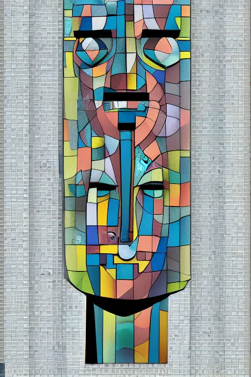 Image similar to cubist moai statue cutout digital illustration cartoon colorful beeple