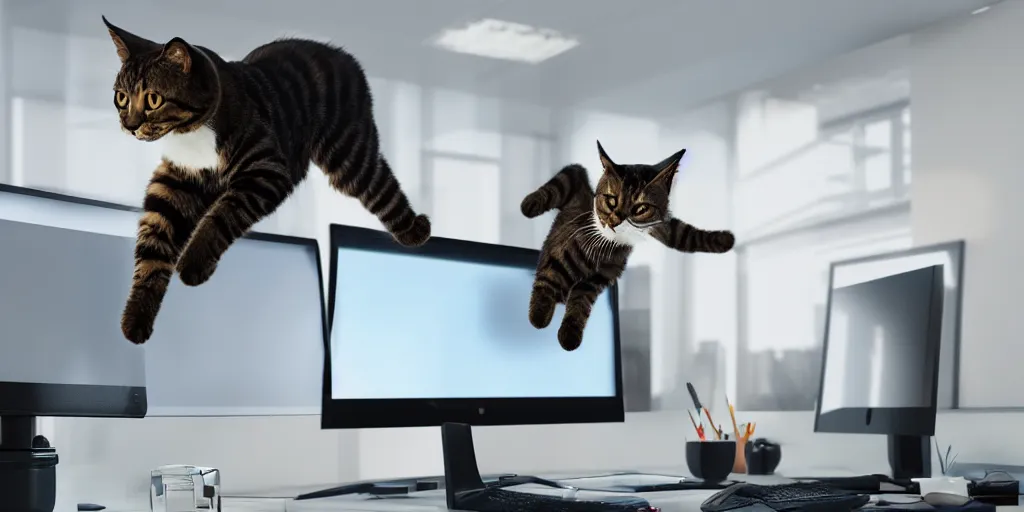 Prompt: wide angle photo of an active cat jumping over a computer and monitor in an office building interior, funny, humor, octane render, unreal render, film still