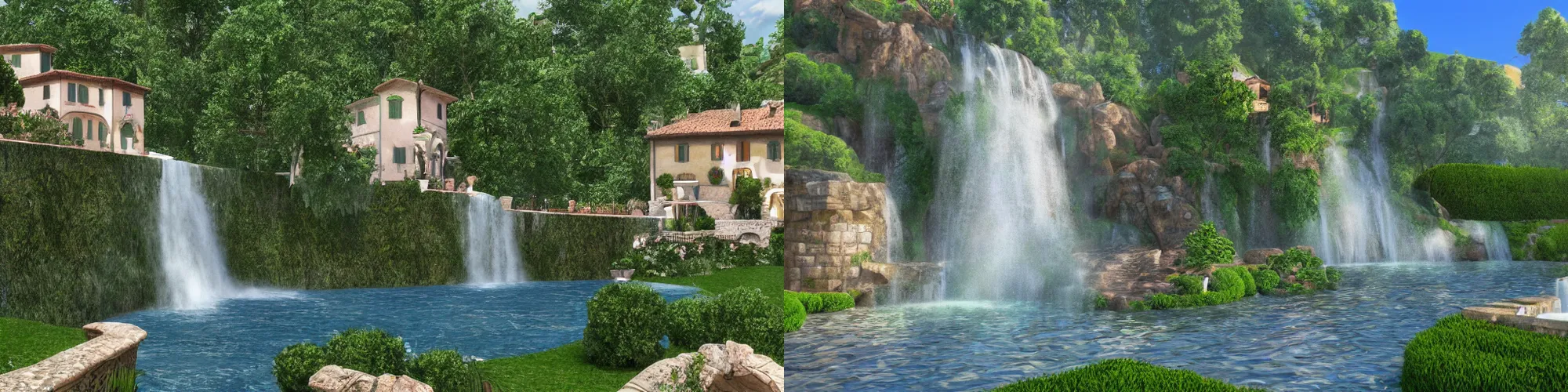 Image similar to Italian villa with a beautiful waterfall in the background, bloom effect, 8k, god rays, trending on artstation