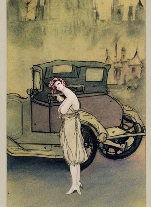 Image similar to Louis Icart, an old colored drawing of a woman posing in front of a 1920's car by Louis Icart, highly detailed, masterpiece