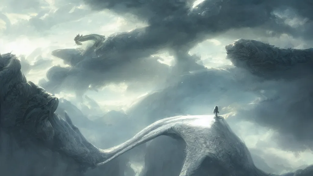 Image similar to view while riding falcor the long - bodied luck dragon flying through the nothing. the neverending story movie. greg rutkowski. melancholy undertones. deviantart. artstation. 3 8 4 0. 2 1 6 0.