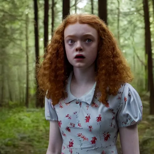 Prompt: Sadie Sink (Maxine Mayfield) from Stranger Things kneeling in a forest looking straight ahead, cinematic, soft realistic lighting, establishment scene, extremely high details, photorealistic, no shadows, 8k