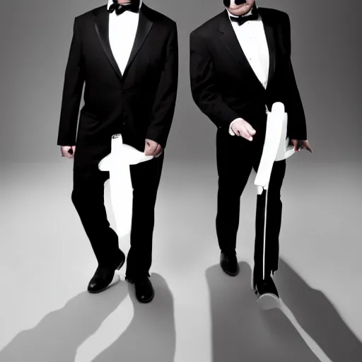 Image similar to blues brothers walking towards camera with white background. wearing suits. strong shadows. high contrast. serious look. carrying a pistol