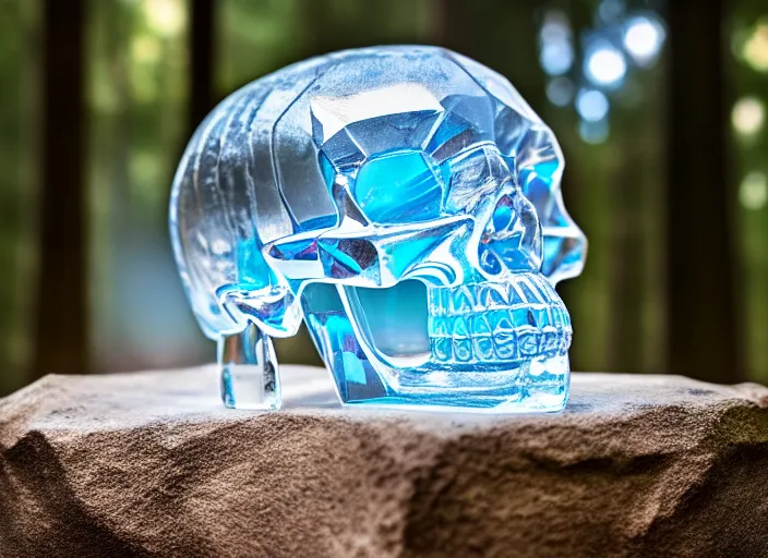 Image similar to crystal skull encased in crystal cube. On a pedestal in ancient ruins in the forest. Highly detailed 8k. Intricate. Nikon d850 55mm. Award winning photography.