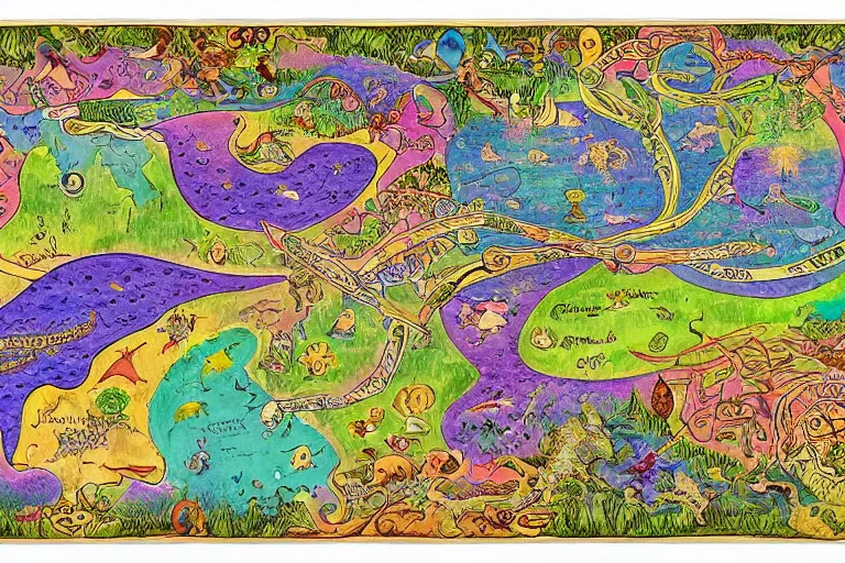 Prompt: Map of a psychedelic realm in the style of the voynich manuscript highly detailed, full color, as painted by lisa frank and bob ross