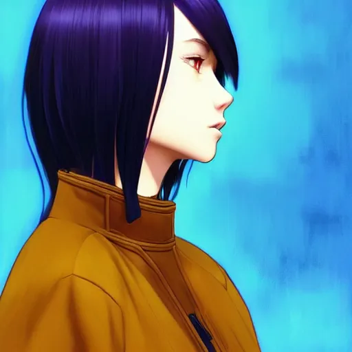 Prompt: side profile of ilya kuvshinov with long hair, sky blue hair, gold hazel eyes, high collar, black jacket, professional digital painting, concept art, award - winning photography, cinematic, stained glass window, wlop, art by pixiv art, yoshitaka amano, junki ito