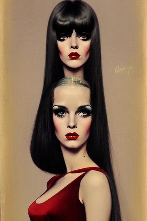 Image similar to portrait 1 9 6 0 s beautiful mod girl, long straight 6 0 s hair with bangs, wearing velvet, vampire, glam, groovy, by brom, tom bagshaw