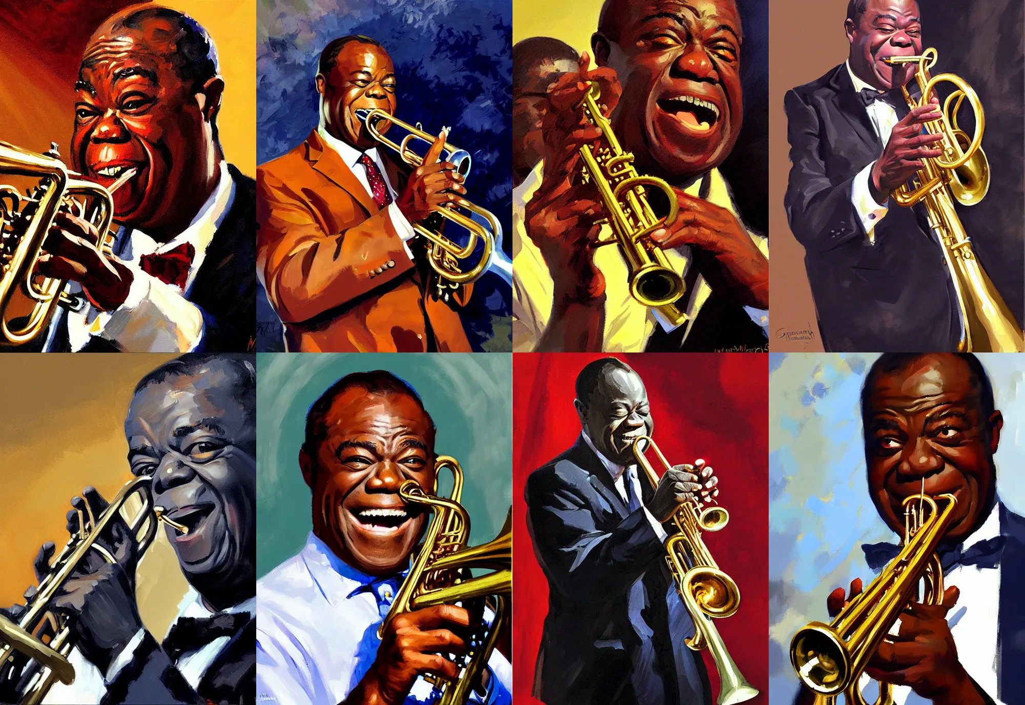 Prompt: a portrait of louis armstrong smiling, holding his trumpet, by greg manchess, dramatic lighting, highly detailed digital painting