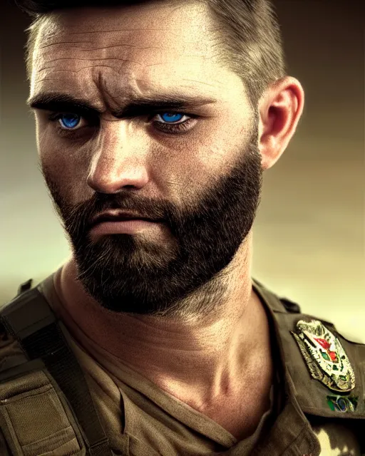 Image similar to portrait of muscular, tired and alcoholic 3 0 - year - old handsome man with short darkblonde hair, serious sad look in his eyes, dirty beard, blue eyes, wearing dirty soldier uniform, on the desert, hyper realistic face, beautiful eyes, character art, art by mark brooks, hyperdetailed, cryengine, trending on artstation, digital art