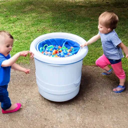 Prompt: Toddlers playing in a violently spinning washing machine