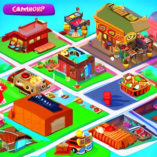 Image similar to an restaurant tycoon game, colorful, cartoon, cute, detailed,