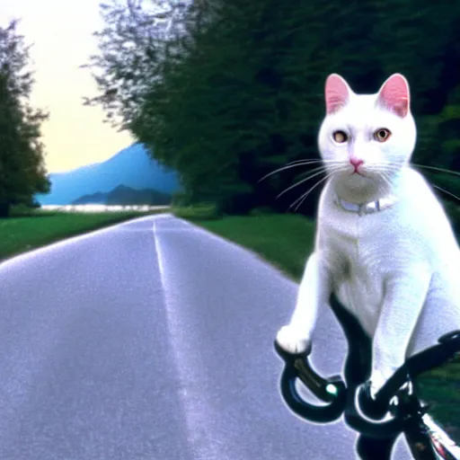 Image similar to a white cat riding a bicycle, austria, film still, sound of music, 4 k, 8 k