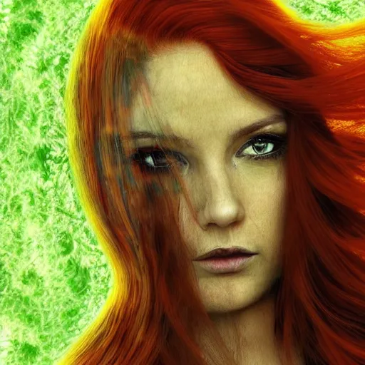 Prompt: portrait of a woman with long red hair and green eyes, flames swirl behind her