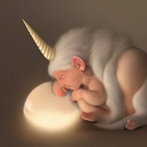 Image similar to a baby unicorn sleeping in an cracked egg, ultrarealistic, dramatic lighting, high details, 4 k, 8 k, best, accurate, trending on artstation, artstation, photorealism, ultrarealistic, digital painting, fantasy art