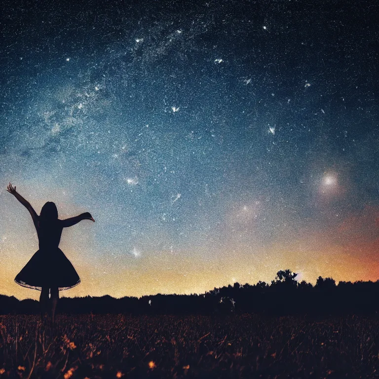 Image similar to album cover!, with text! kosmichna vystava!, a beautiful landscape of a starry sky with an beautiful woman waving to the horizon, cinematic, dramatic, photojournalism, highly detailed