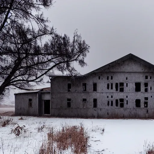 Image similar to landscape with brutalistic soviet architecture style abandoned lifeless house, near foggy forest, dark winter evening, snowing, strong, blizzard, atmospheric, mystical, very detailed 4 k, professional photography