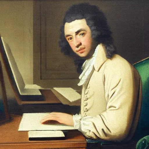 Image similar to 18th century painting of a man sitting at his desk, frustrated with his computer, oil painting, very detailed, 4k