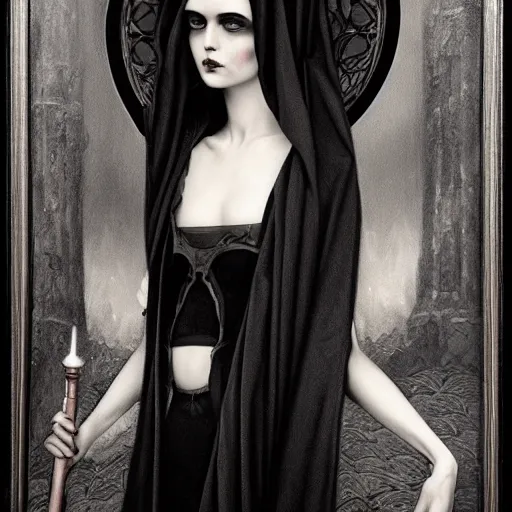 Image similar to By Tom Bagshaw, ultra realist soft painting of a gothic crypt by night, Kawai female nun and dressed, horror, omnious sky, symmetry accurate features, very intricate details, black and white, volumetric light clouds