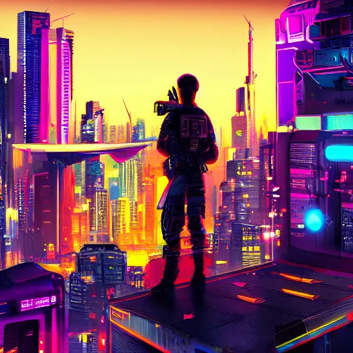 Prompt: Neon city, soldier standing on roof of large building, looking over city, spaceship landing, Colorful, cyberpunk, high detail, photo realistic, art station