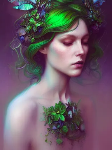 Prompt: green!! forest fae ; by james jean, charlie bowater, tom bagshaw, nikolay makovsky, melanie delon : : enchanting, ethereal, magical, glowing, sparkle, iridescent, flowerpunk, portrait, character design, illustration, hyperrealism, photorealism, digital art, concept art, dark fantasy, weta, wlop, artstation