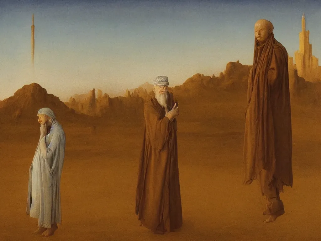 Image similar to Portrait of albino mystic with blue eyes, with ruins of a mosque in the distance in the desert. Sandstorm, sunset. Painting by Jan van Eyck, Caspar David Friedrich, Rene Magritte, Agnes Pelton, Max Ernst, Walton Ford