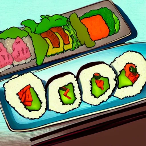 Prompt: illustration of philadelphia roll sushi, in traditional japan style, by makoto shinkai and takashi takeuchi