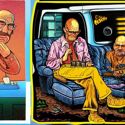 Image similar to The Artwork of R. Crumb and his Cheap Suit Breaking-Bad-Walter-White meth-lab, pencil and colored marker artwork, trailer-trash lifestyle