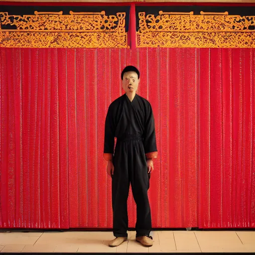 Prompt: A man is standing in front of a red curtain. He has his hands behind his back and his feet are spread apart. He is looking to the side. The man looks to be in his early twenties and has a mustache. The clothing he is wearing is traditional Han Dynasty clothing. The color of the clothing is red. center framing, soft focus, vertical portrait, colorful lighting, f2, 50mm, hasselblad, film grain, reasonable lighting, portrait lighting, natural lighting, light leaks, Canon EOS R3, f/1.4, ISO 200, 1/160s, 8K, RAW, unedited, symmetrical balance, in-frame