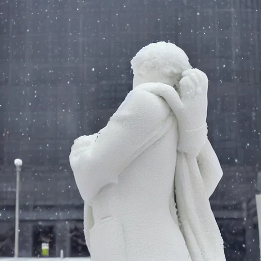 Prompt: black and white photo of snow falling on white cracked marble statue, in the background is a snowy concrete brutalist building, the statue is wearing a haute couture winter jacket by moncler genius, the statue is made of white marble, everything is white marble, sharp focus, depth of field, clear focus, beautiful, denoise, clean, japanese fashion