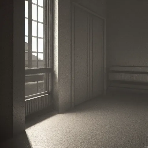 Image similar to a poorly developed photograph of a musty and moldy backroom poorly lit by light filtering through a foggy window, unreal render, octane, hyperrealism