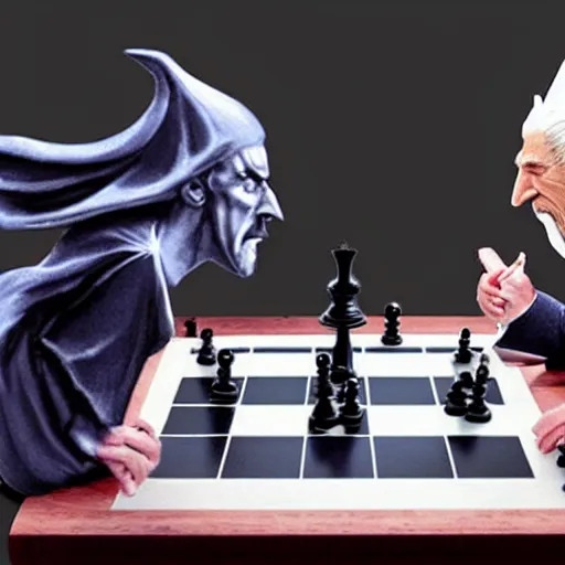 Image similar to Dracula and Gandalf play chess, award winning photo