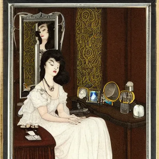 Image similar to a young woman seated at a dressing table, looking at herself in a mirror. She is wearing a white dress and a pearl necklace. Her hair is styled in a loose updo. On the table in front of her are several perfume bottles and a box of powder. dieselpunk by John Bauer